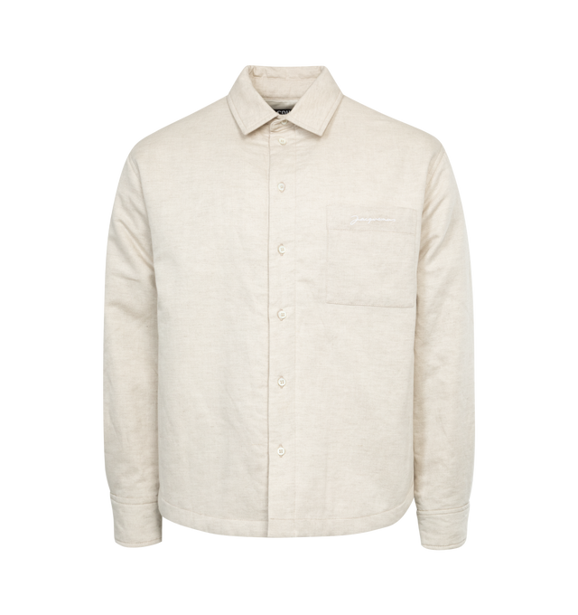 NEUTRAL - JACQUEMUS Padded Linen-Blend Shirt Jacket featuring point collar, button front, patch pocket, long sleeves, button cuffs and curved hem. Polyester fill. Cotton/linen. Made in Italy.
