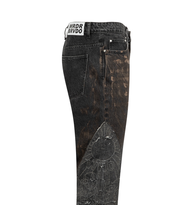 Image 3 of 3 - BLACK - WHO DECIDES WAR Mechanic Signature Jeans featuring non-stretch denim jeans, fading, whiskering, and discoloration throughout, belt loops, five-pocket styling, zip fly, eEmbroidered logo appliqu with raw edges at outseams, logo patch at back waistband and logo-engraved silver-tone hardware. 100% cotton.  