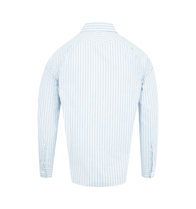 Image 2 of 2 - BLUE - POST O'ALLS Neutron C Shirt featuring button front closure, a wide body, rounded, curved hem, button cuffs, classic collar and two front chest pockets. 100% cotton. Made in Japan. 