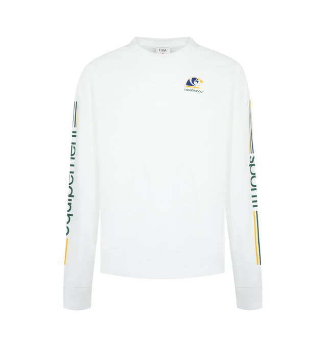 Image 1 of 2 - WHITE - CASABLANCA Long Sleeve T-shirt featuring organic cotton jersey, rib-knit crewneck, logo graphic printed at front, back and sleeves and regular fit. 100% organic cotton. Made in Portugal.  