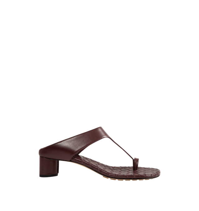 Image 1 of 4 - RED - Bottega Veneta Womens Kitten Heel Thong Sandals are crafted from nappa leather. Feature a toe-ring leather strap, Intrecciato leather insole, lambskin lining, kitten heel, and rubber-injected leather outsole. Upper: Nappa Leather; Lining: Lambskin; Outsole: Rubber-Injected Leather. Made in Italy. 