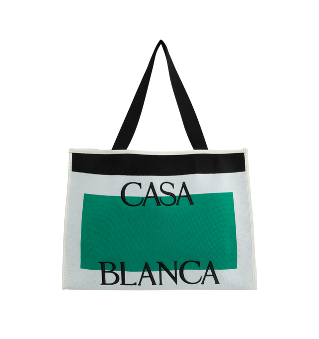 GREEN - CASABLANCA Knitted Shopper Tote featuring jacquard knit, buffed leather trim throughout, webbing shoulder straps, logo embroidered at face and back face, patch pocket at interior and unlined. H13" x W19" x D6". 100% polyester. Trim: 100% leather. Made in China.