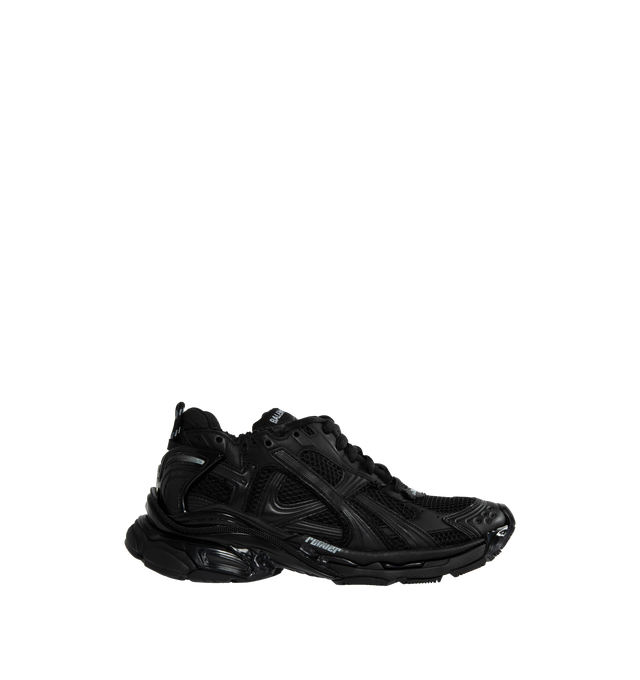 Image 1 of 5 - BLACK - BALENCIAGA Mesh Runner Sneakers featuring chunky heel, reinforced round toe, lace-up vamp, embroidered logo on the tongue, padded collar, pull tab at the backstay, logo at the vamp and heel, branding on the side and rubber outsole.