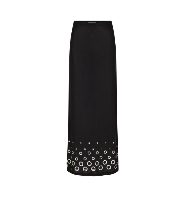 Image 1 of 2 - BLACK - RABANNE Tube Skirt featuring long length in jersey second skin with silver eyelet details. 90% cupro, 10% elastane. Made in Portugal. 