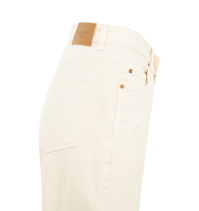 Image 3 of 3 - WHITE - SAINT LAURENT V-Waist Long Baggy Jeans featuring high waist, five pocket style, a long wide fit, v cut waistline, certified cotton, button closure with button fly, waistband with belt loops and saint laurent paris embossed leather jacron. 100% cotton. Made in Italy. 