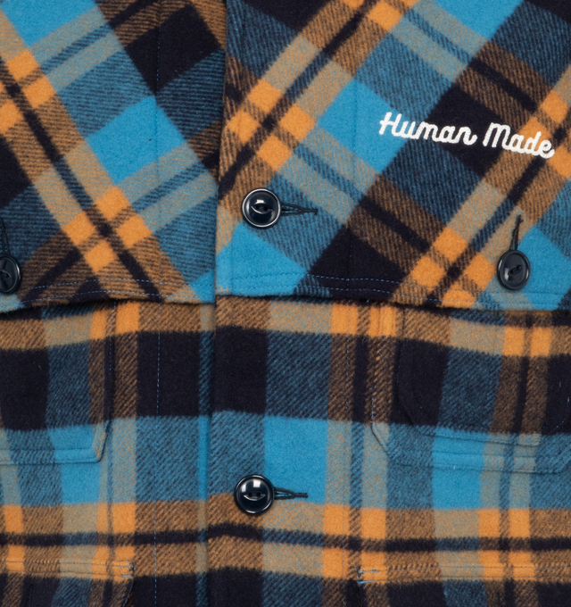 BLUE - HUMAN MADE Plaid Hunting Jacket featuring classic collar, button closure, 4 front pockets, printed logo and embroidered branding. 90% wool, 10% nylon.