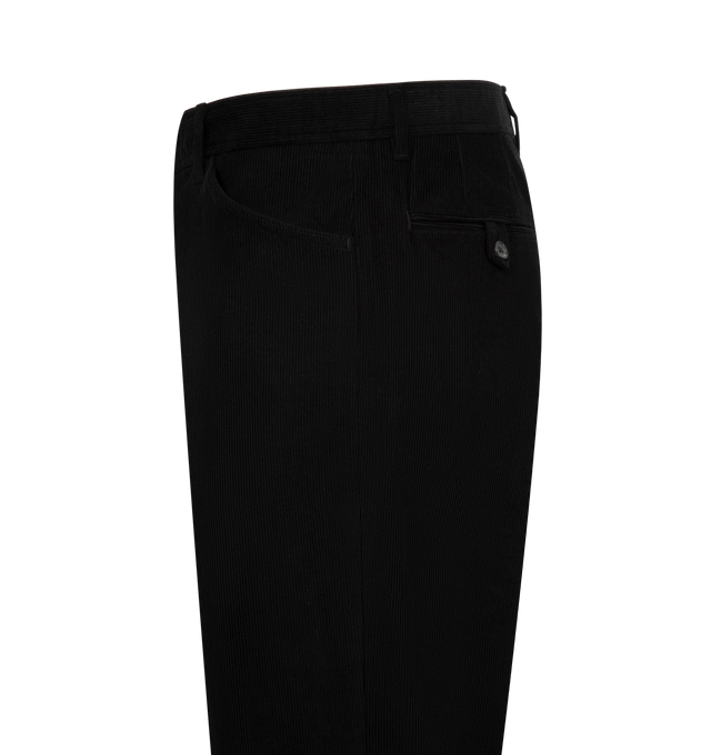 Image 3 of 3 - BLACK - THOM BROWNE Narrow Wale Corduroy Trousers featuring twin-needle stitching, tonal finishing, tab closure with zip fly, slip hand pockets, buttoned back welt pockets and signature striped grosgrain loop tab. 100% cotton. Made in Italy. 