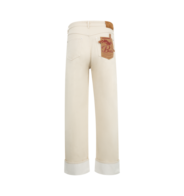 Image 2 of 3 - WHITE - BOTTEGA VENETA Turned Up Jeans featuring wide leg and contrasted turned up hem in coloured stone washed denim, intrecciato suede back patch, removable jumping hare patch on the back pocket and button closure. 100% cotton. Made in Italy. 