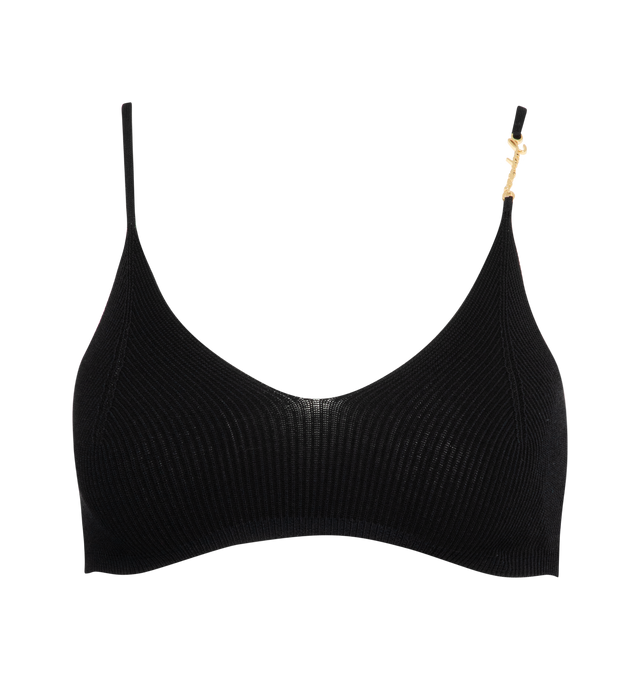 BLACK - JACQUEMUS Le Bandeau Pralu Bra featuring fitted shape, two tone rib knit, flat straps, gold metal charm logo on left shoulder strap and V-neckline. 80% viscose, 10% polyamide, 10% polyester. Made in Portugal.