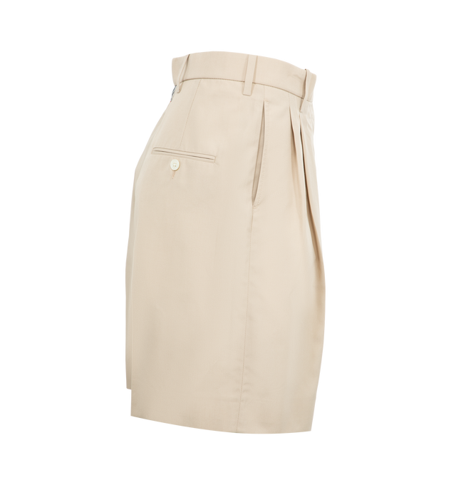 Image 3 of 3 - NEUTRAL - THOM BROWNE Typewriter Cloth DOuble Pleat Shorts featuring tab front closure, high waist, button-fastening back welt pockets and signature striped grosgrain loop tab. 65% polyester, 35% cotton. Made in Italy. 