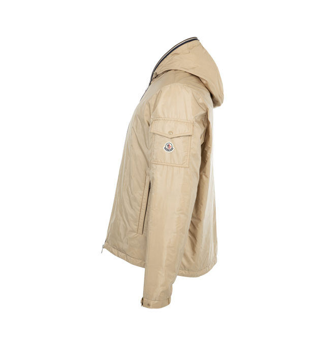 Image 3 of 3 - BROWN - Moncler Evettes Jacket has an attached hood, a 2-way zipper closure, a button flap sleeve pocket, a signature logo patch, and side pockets. Made in Romania.  