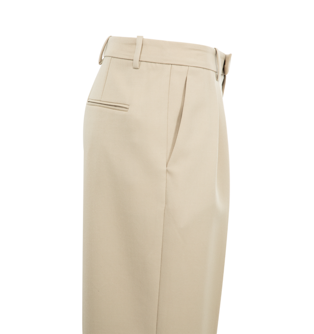 Image 3 of 3 - NEUTRAL - NILI LOTAN Alphonse Pleated Tailoring Pants featuring a double pleated front, mid rise sits high on hip, angled side slip pockets, back welt pockets, straight legs, full length, hook-tab, zip fly and belt loops. Virgin wool. Made in USA. 