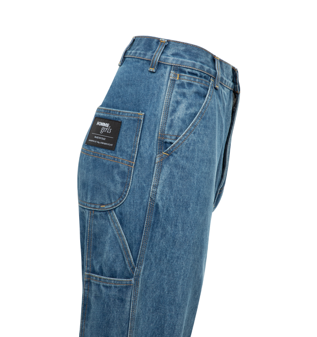 Image 3 of 3 - BLUE - HOMME GIRLS Denim Work-Wear Pant featuring classic washed blue denim, work-wear details like hammer loops, double-row stitching, and patch back pockets with our signature logo label. 100% cotton. Made in Italy.  