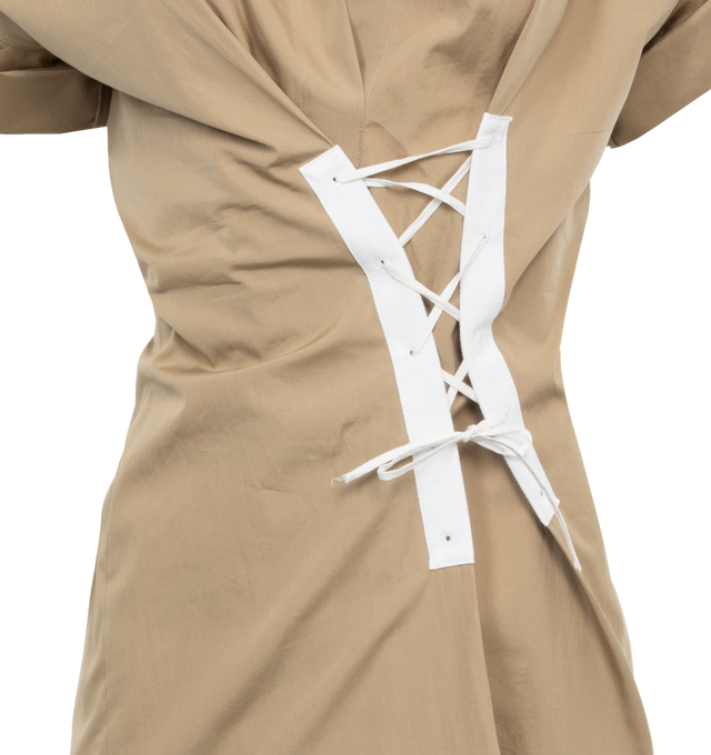 Image 3 of 3 - BROWN - DRIES VAN NOTEN Lace Up Shirt Dress featuring lace-up detail, spread collar, short sleeves, midi length, sheath silhouette and unlined. 100% cotton. Made in Poland. 