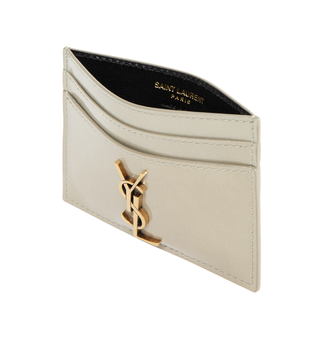 Image 3 of 3 - GREEN - Saint Laurent YSL 5 Slot Card Case has silver-tone hardware, a signature logo, and 5 card slots. 4.1 x 2.9 x 0.1 inches. 100% calfskin leather. Made in Italy.  