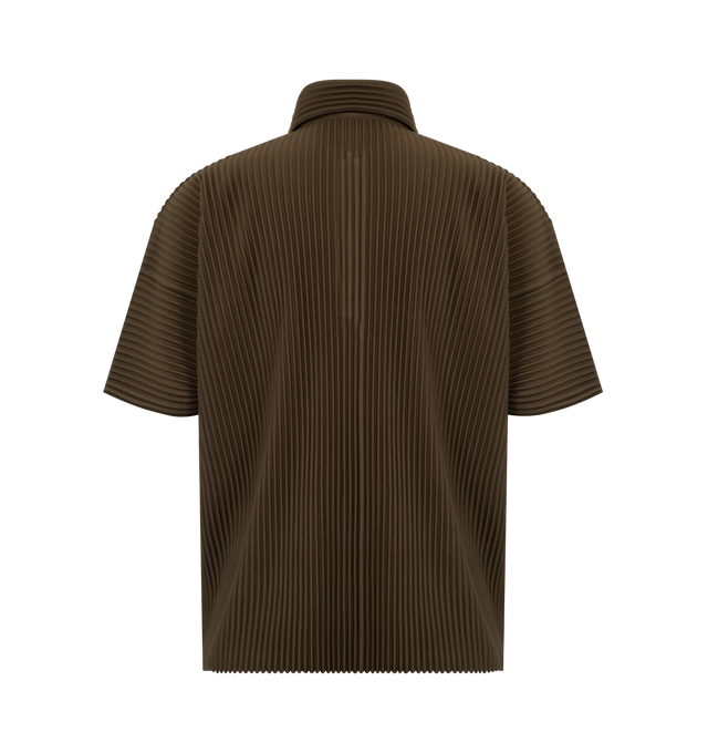 Image 2 of 2 - BROWN - Issey Miyake Men's short-sleeved polo shirt offering portability and the quick-drying properties unique to polyester. Featuring slits on both sides, collared neckline, button-front opening. 100% Polyester. Made In Japan. 