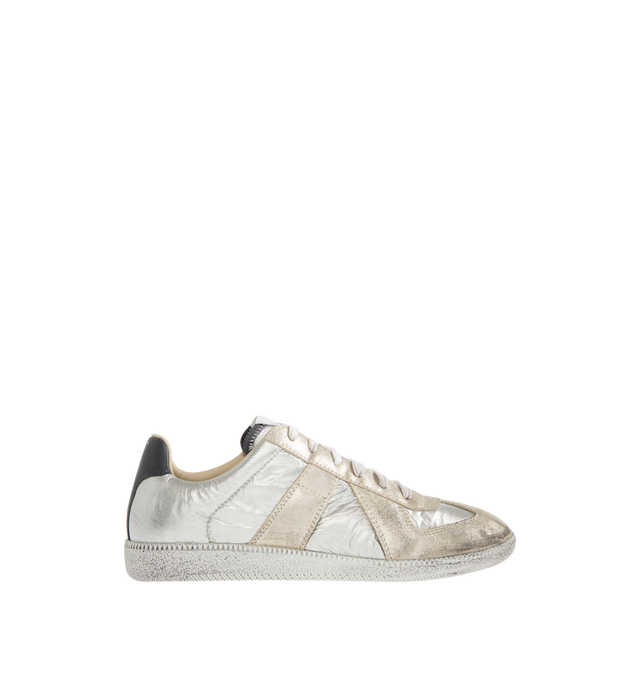 Image 1 of 5 - WHITE - MAISON MARGIELA Replica Sneakers featuring low-top, buffed nappa calfskin and calfskin suede, distressed throughout, lace-up closure, concealed elasticized gussets at vamp, logo patch at padded tongue, padded collar, white stitching at heel tab and treaded rubber sole. Upper: calfskin. Sole: rubber. Made in Italy. 