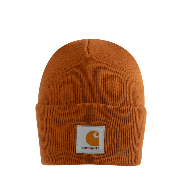 Image 1 of 2 - BROWN - CARHARTT WIP Acrylic Watch Hat featuring a stretchy rib knit, woven Carhartt WIP label on the front and fold over brim. 100% acrylic, 9 gauge. 