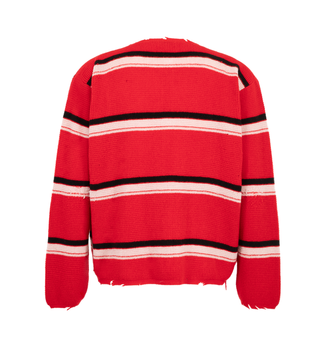 Image 2 of 2 - RED - Second/Layer Friends Red Stripe Zip-Up Sweater is crafted from a premium Italian wool and cashmere blend and features a relaxed silhouette with dropped shoulders, a full-zip front closure, and a textured honeycomb waffle-knit construction. Designed with bold red, white, and black stripe detailing, this elevated knit is finished with lightly distressed edges, cropped proportions, and elasticized cuffs and hem for a vintage-inspired look. Main Material: Italian Wool and Cashmere Blend. 
