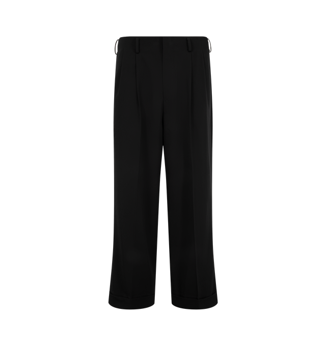 Image 1 of 3 - BLACK - A.Presse Men's Wool Wide Tapered Trousers feature a beltless two-pleat design with a wide leg and tapered silhouette for a refined, tailored look. These designer trousers combine premium wool construction with timeless styling, offering exceptional comfort and versatile wear. Main Material: 100% Wool. Made in Japan. 
