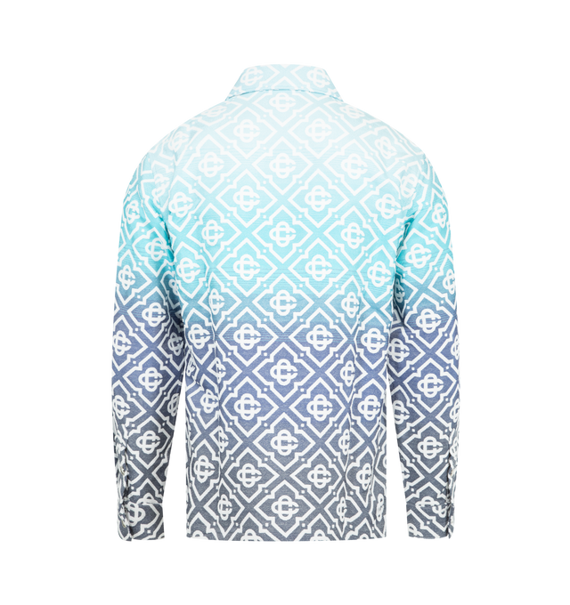 Image 2 of 2 - BLUE - CASABLANCA Monogram Gradient Jacquard Shacket featuring relaxed fit, long-sleeves, signature monogram on a gradient background, point collar, a breast pocket, button closure and branded silver-plated snap buttons. 36% cotton, 26% polyester, 24% polyamide, 13% viscose, 1% lycra. Made in Portugal. 