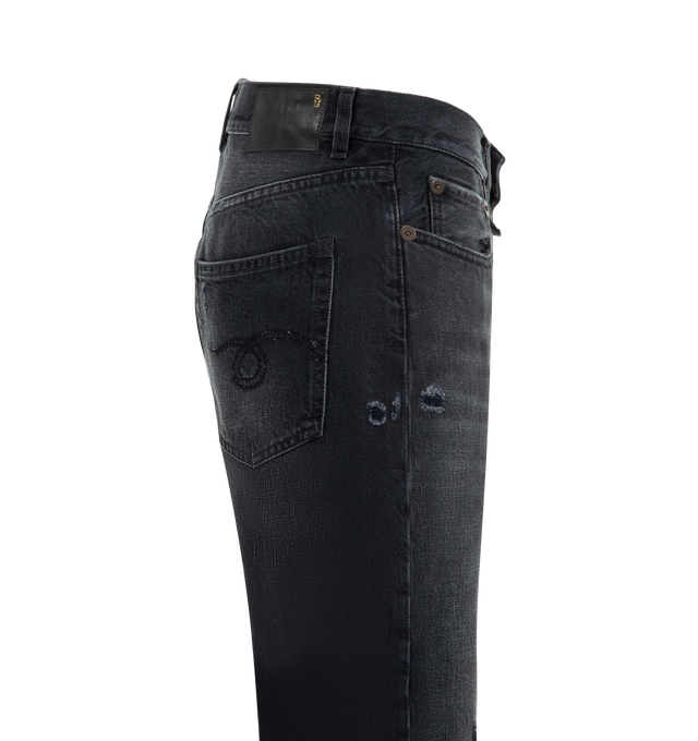 Image 5 of 6 - BLACK - R13 Boyfriend Jeans featuring zip fly with button fastening, 5-pocket design, faded and distressed throughout and raw cut hem. 100% cotton. Made in Italy. 