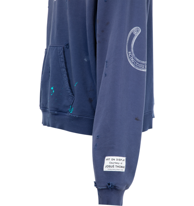 Image 3 of 3 - BLUE - GALLERY DEPT. Chateau Ranch Hoodie featuring front pocket, fixed hood, logo on front, graphic on elbows and distressing and paint throughout. 100% cotton. Made in USA. 