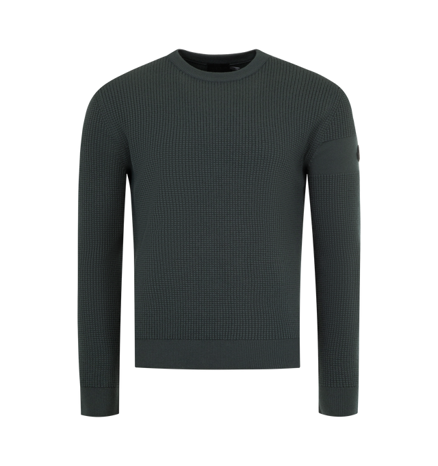 Image 1 of 3 - GREY - MONCLER Wool Sweater featuring ultra-fine wool, waffle stitch, gauge 12, crewneck and logo patch. 100% virgin wool.  
