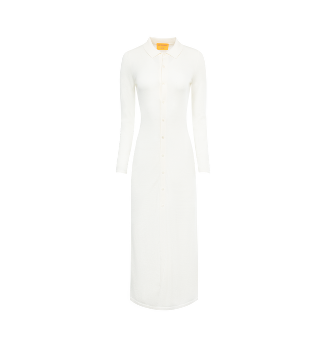 Image 1 of 2 - WHITE - GUEST IN RESIDENCE Showtime Shirt Dress featuring long line, slim fit, fine jersey shirt dress, button-down front closure, shirt collar with stand and signature GIR branding at center back. 70% cotton, 30% silk.
