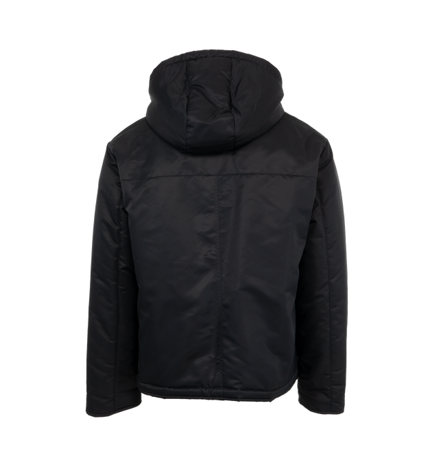 Image 2 of 3 - BLACK - Loewe Hooded jacket in compact nylon twill featuring a padded construction, a hooded collar with a leather drawstring and an adjustable drawstring hem. Regular fit and regular length with zip front fastening, buttoned flap pockets, inside welt pocket with LOEWE Anagram embroidery and Anagram embossed leather chest patch pocket. Fully lined. Main material: Polyamide. Made in Portugal. 