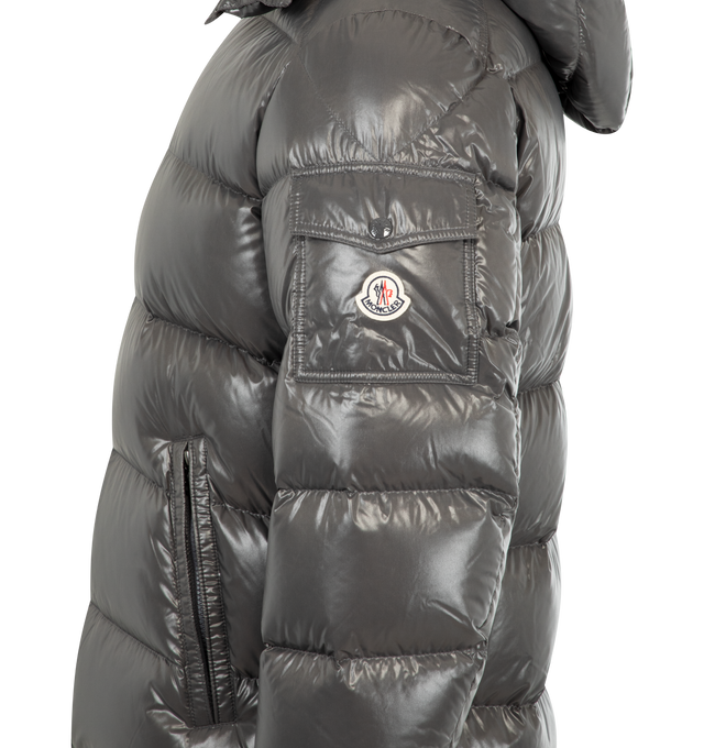 Image 3 of 4 - GREY - MONCLER Maya Jacket featuring nylon laqu lining, down-filled with boudin quilting, detachable hood with snap buttons, adjustable with drawstring fastening, two-way zipper closure, zipped pockets, adjustable, elasticized cuffs with snap buttons, hem with drawstring fastening, flap patch pocket on sleeve and felt Moncler logo on sleeve. 100% polyamide/nylon. Padding: 90% down, 10% feather. 