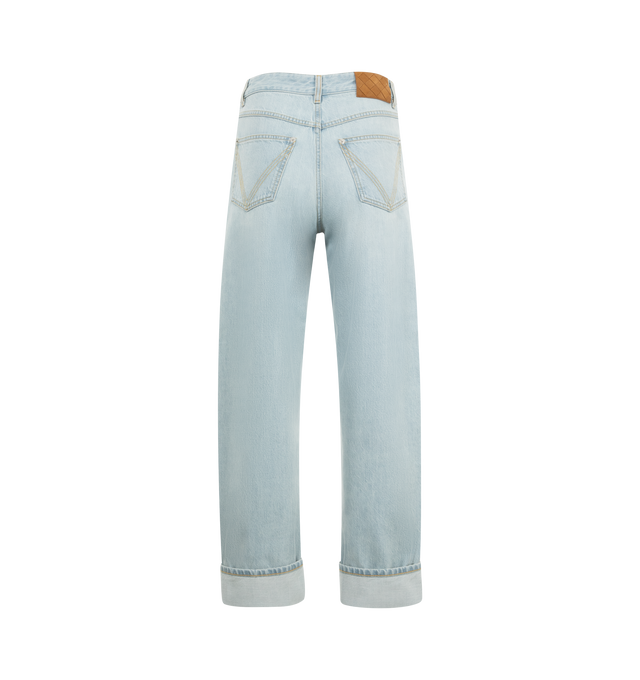 Image 2 of 3 - BLUE - Bottega Veneta Turned Up Jeans are a 5-pocket style with wide legs and a mid-waist rise, they have turned-up hems and a rear suede patch. 100% cotton. Made in Italy.   