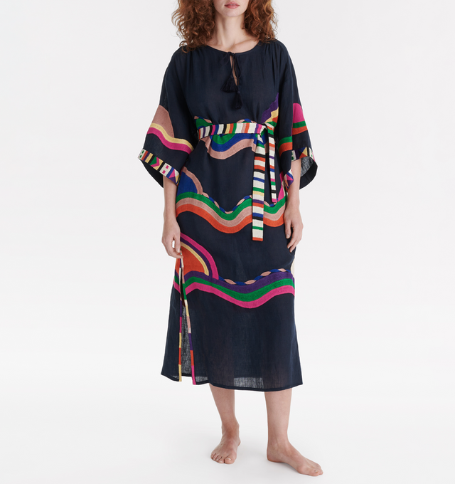 Image 3 of 5 - NAVY - ERES Horizon Long Dress featuring embroidered linen, round neckline with link to tie, short sleeves, multi-colored printed belt, embroidered placed patterns and length above ankles. 100% linen. Made in India. 