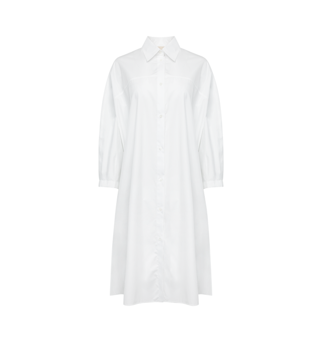 Image 1 of 3 - WHITE - MARNI Midi Shift Shirtdress featuring a gathered yoked back, point collar, button front, long sleeves, side split pockets, shift silhouette, hem falls below the knee and shirttail hem. 100% cotton. Made in Italy. 
