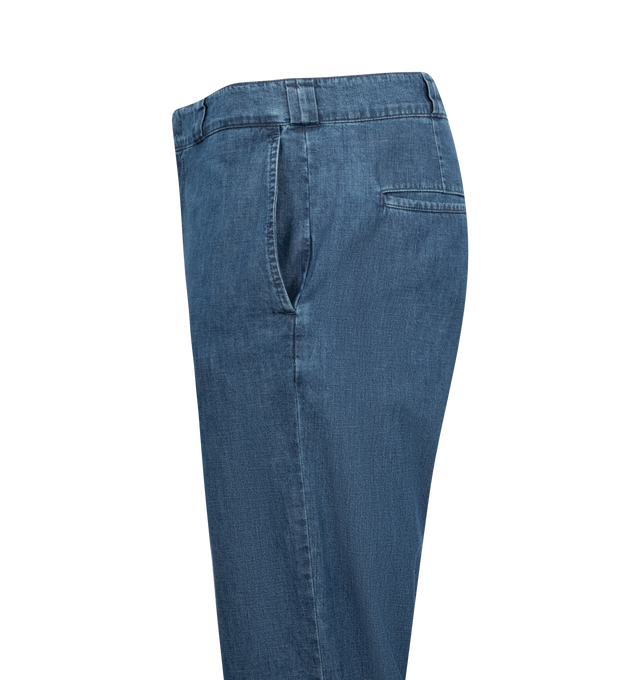 Image 3 of 3 - BLUE - ASPESI Adrien Pant featuring linen-cotton trousers, garment-dyed, fastening with hidden hook and zip, front slant pockets and back welt pockets. 74% cotton, 26% linen.  