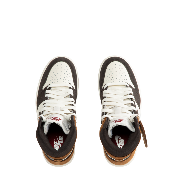 Image 5 of 5 - BROWN - Jordan Men's Air Jordan 1 Retro High OG "Love Letter" Sneakers are crafted from nubuck leather and soft suede. "Much Love and Respect" detailing accents the collar and hangtag, while a perforated toe, classic lace-up closure, foam midsole with Nike Air cushioning, and rubber outsole complete the design. Upper: Nubuck Leather and Suede. Midsole: Foam. Sole: Rubber. 