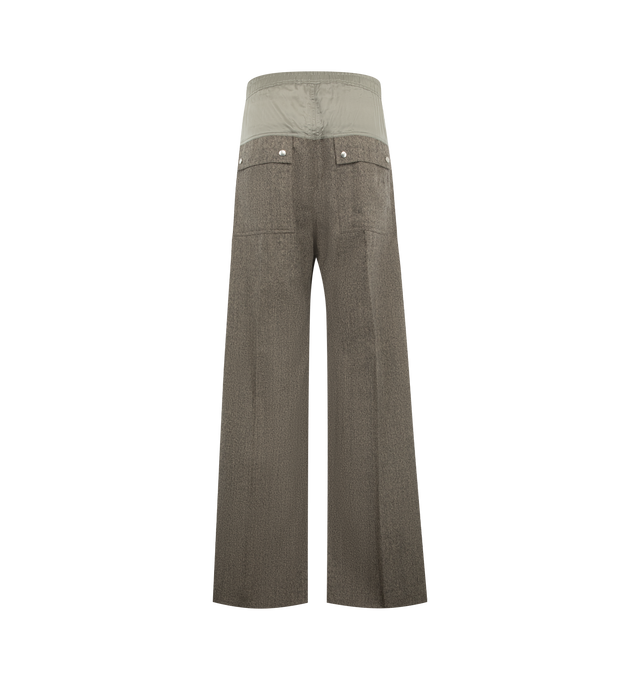 Image 2 of 3 - GREY - Rick Owens FW26 Tower Wide Bela Pants are crafted from a wool material with a cupro upper lining. Feature a full-length wide-leg silhouette, low crotch, elasticized waistband with drawstring, exposed Bela front zip with snap details, side welt pockets with rivet and eyelet accents, and back flap pockets with snap closures. Main Material: 100% Wool; Upper Part: 100% Cupro. Made in Italy. 