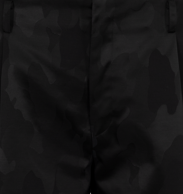 Image 4 of 4 - BLACK - Homme Plus Camo Shorts have a zip and hook closure, belt loops, side pockets, and a back pocket with a button flap.  