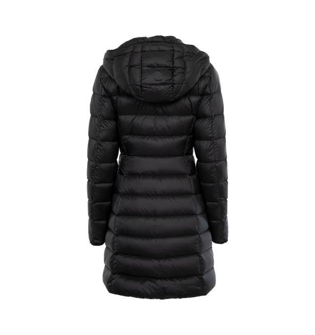 Image 2 of 3 - BLACK - MONCLER Hirma Long Coat featuring longue saison lining, down-filled, adjustable hood, zipper and snap button closure, pockets with snap button closure and waistband with drawstring fastening. 100% polyamide/nylon. Padding: 90% down, 10% feather. 