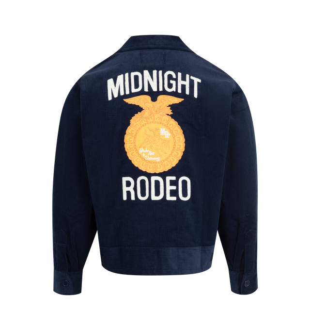 Image 2 of 2 - NAVY - MIDNIGHT RODEO FFA Trucker Jacket featuring camp collar, embroidered Midnight Rodeo chest details, side pockets, embroidered "You're Not Dreaming" back patch, waist adjusters and slightly cropped. 