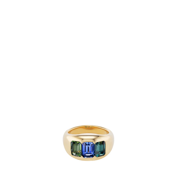 Image 1 of 2 - GOLD - Brent Neale One-of-a-Kind Three Emerald-Cut Ring featuring 18K yellow gold with blue sapphire, blue/green tourmaline, and green tourmaline. Size: 7. Hirshleifers offers a range of pieces from this collection in-store. For personal consultation and detailed information about jewelry, please contact our dedicated stylist team at personalshopping@hirshleifers.com. 