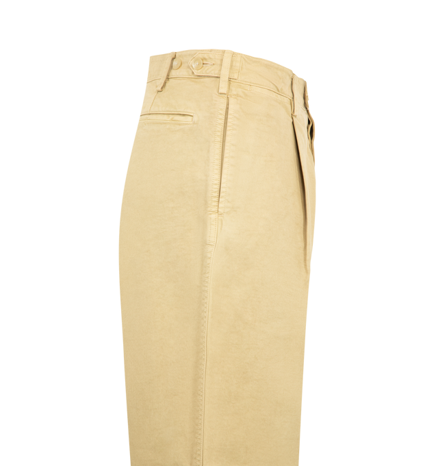 Image 3 of 3 - NEUTRAL - Auralee Men's Garment-Dyed Finx Chino One-Tuck Wide Pants are crafted from chino cloth woven with triple-twisted Egyptian Finx extra-long staple cotton yarns and feature a one-tuck front, an oversized fit, and a straight-leg silhouette. Garment-dyed and carefully hand-finished by skilled artisans, the fabric develops a unique depth of color and subtle tonal variation while maintaining the natural softness and smooth texture of Finx cotton. Main Material: 100% Cotton. 