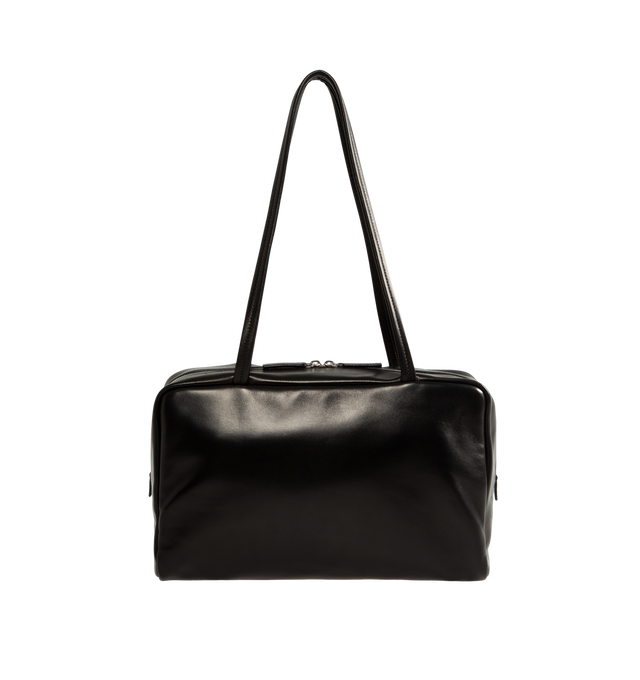 Image 1 of 3 - BLACK - The Row Women's Astra Bowling Bag is crafted from glossy nappa lambskin leather and features a soft bowling bag silhouette with elongated flat handles, turned-edge construction, and a dual zip-top closure. Designed for everyday versatility, this refined carryall is fully lined in lambskin leather and offers ample space for daily essentials while maintaining a sleek, understated profile. Main Material: 100% Lambskin Leather. Lining: 100% Lambskin Leather. Dimensions: 11.81 x 3.94 x 7.0 