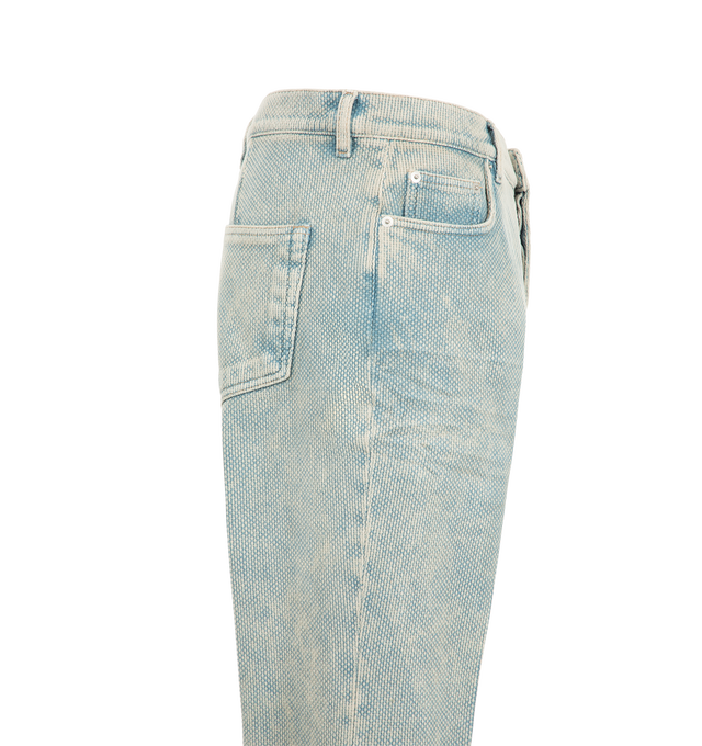 Image 3 of 3 - BLUE - Rick Owens Men's Bolan Cutoffs are crafted from heavyweight Japanese cotton canvas and features a high-rise waist, a slim fit, knee-length raw-cut hems, side slits, and a six-pocket construction. Designed with a concealed button fly, belt loops, pocket rivets, rear patch pockets, crotch whiskering, and pressed front and back leg creases, this style combines a streamlined silhouette with signature denim detailing. Main Material: 100% Cotton. Pocket Lining: 52% Polyester, 48% Cotton. Mad 