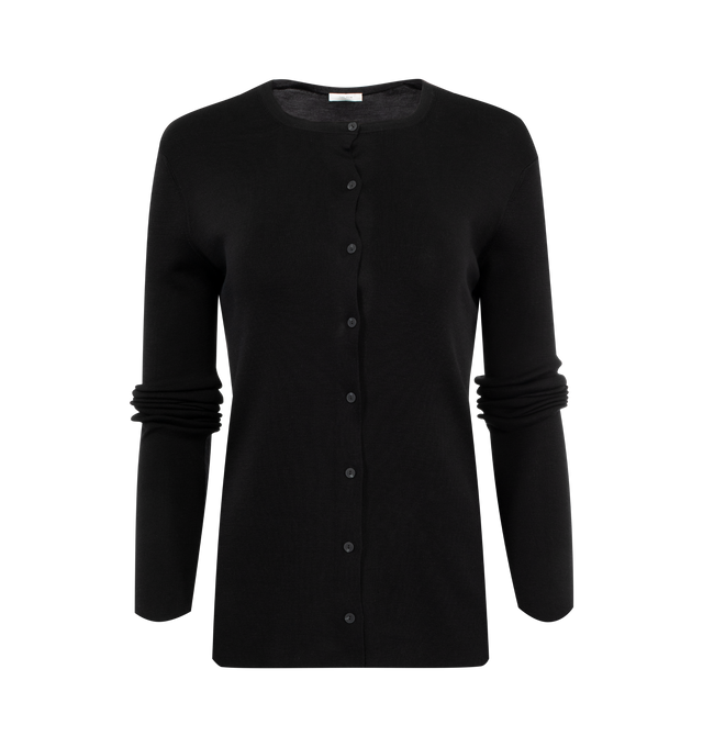 Image 1 of 2 - BLACK - THE ROW Josette Silk Knit Cardigan featuring crew neckline, button front, long sleeves and slim fit. 100% silk. Made in Italy. 