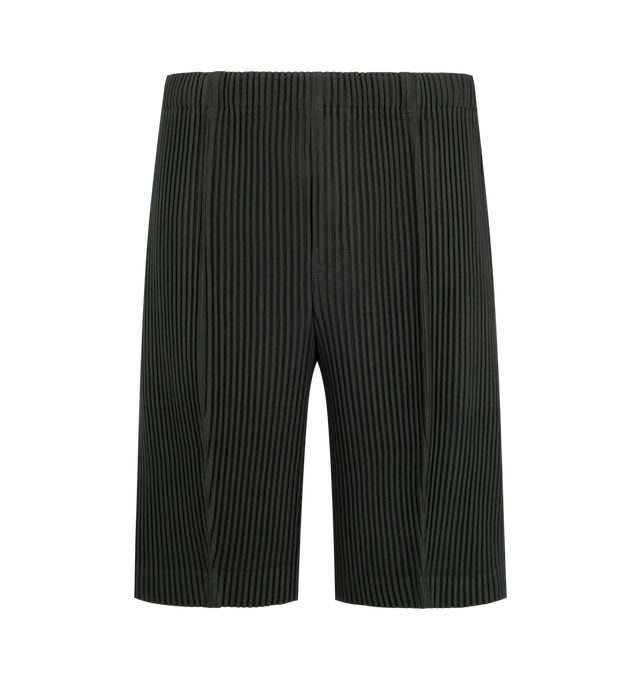 Image 1 of 3 - GREY - Issey Miyake Men's August Pleated Shorts feature signature pleated polyester jersey with quick-drying properties, side pockets, and an elasticated waistband with a button-fly closure. These designer shorts combine lightweight performance with the brand's iconic pleated construction for everyday comfort and modern style. Main Material: 100% Polyester. 