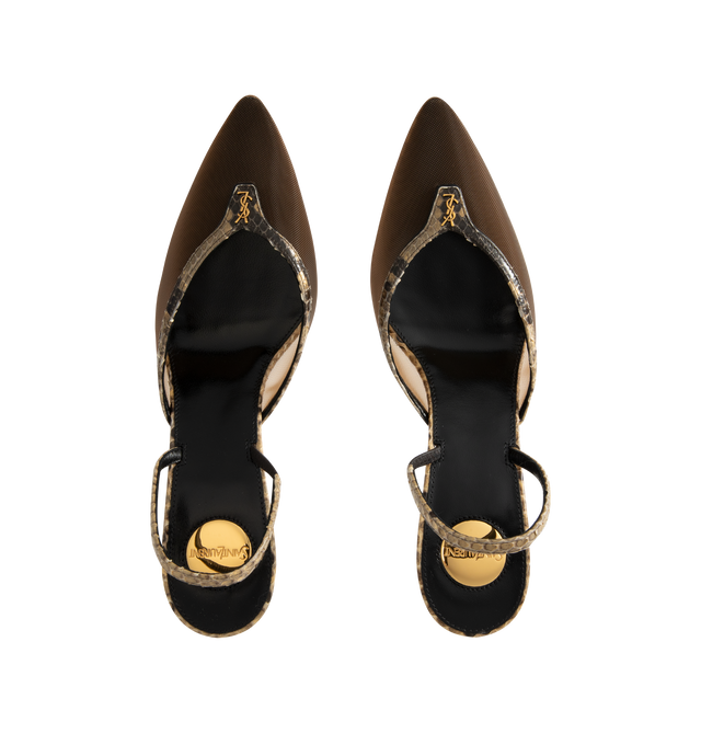 Image 4 of 4 - BROWN - Saint Laurent Women's Slingback Pumps are crafted from semi-sheer mesh with python trim and feature a pointed-toe silhouette accented by the iconic Cassandre hardware. Designed with an elasticized slingback strap, low stiletto heel, leather sole, and a Saint Laurent-engraved metal plaque on the insole for an elegant and refined finish. Main Material: 70% Polyamide, 30% Python. Lining: Calf Leather. Sole: Calf Leather. Heel Height: 7.5 cm / 75mm . Made in Italy. 