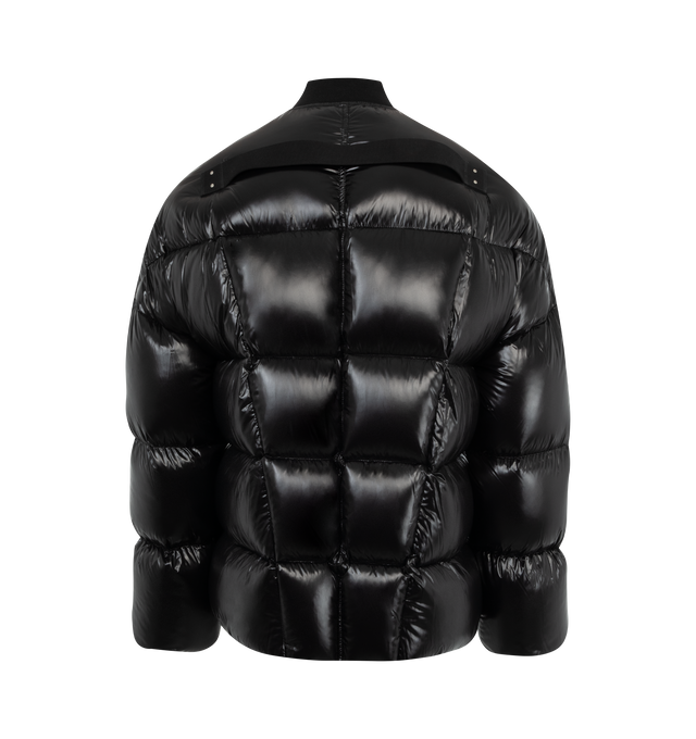 Image 2 of 2 - BLACK - RICK OWENS FW24 Porterville Flight Jacket in black lacque nylon. Hip-length heavy-weight duvet quilted with horizontal and diaginal stitching lines with long sleeves. Featuring a center-front zipper with placket and top snap, level shoulder seams and yoke, 2 side pockets with snapd and a ribbed collar, cuffs and waistband, and signature cotton webbing strap with rivet detail on the back yoke. Crafted from airy and lightweight nylon with a lacquered effect. 100% Nylon with 100% wool kn 