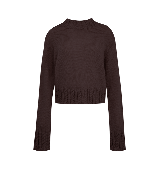 Image 1 of 1 - BROWN - Moncler Women's Alpaca Blend Turtleneck Sweater is crafted from a plush alpaca blend and features a timeless turtleneck silhouette with a textured Aran stitch knit. Designed in a heavyweight construction for added warmth, this refined knitwear essential is ideal for layering throughout the colder months. Main Material: 43% Alpaca, 36% Polyamide / Nylon, 21% Wool. Made in Italy. 