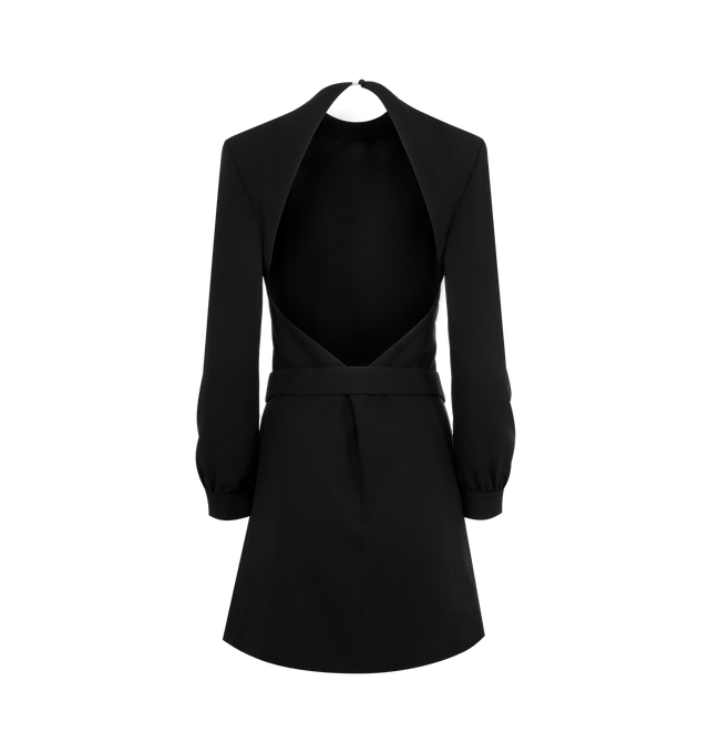 Image 2 of 2 - BLACK - SAINT LAURENT Backless Mini Dress featuring long-sleeves mini length, a round neck, diamond-cut open back, viscose lining, button closure at the back neck, concealed zip closure with hook-and-eye safety at the back skirt, adjustable and removable belt with crystal-set oval buckle and padded shoulders. 53% acetate, 47% viscose. Made in Italy.  